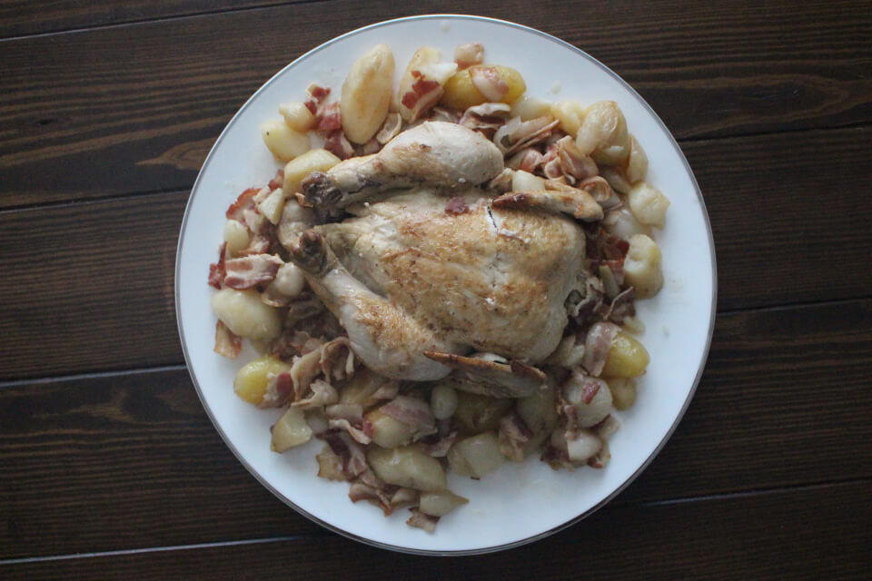 Julia Child Casserole-roasted Chicken with Bacon, Onions, and Potatoes Mastering the Art of French Cooking